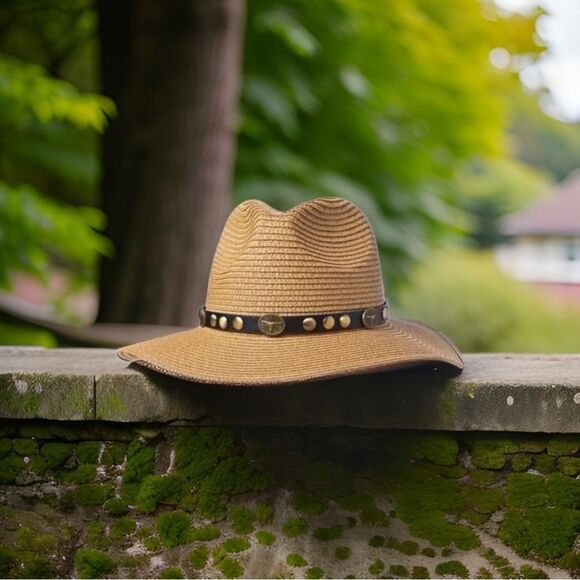 WOVEN STRAW COWGIRL HAT LEATHER BAND BRASS TRIM NATURAL COLOR - Picture 2 of 12
